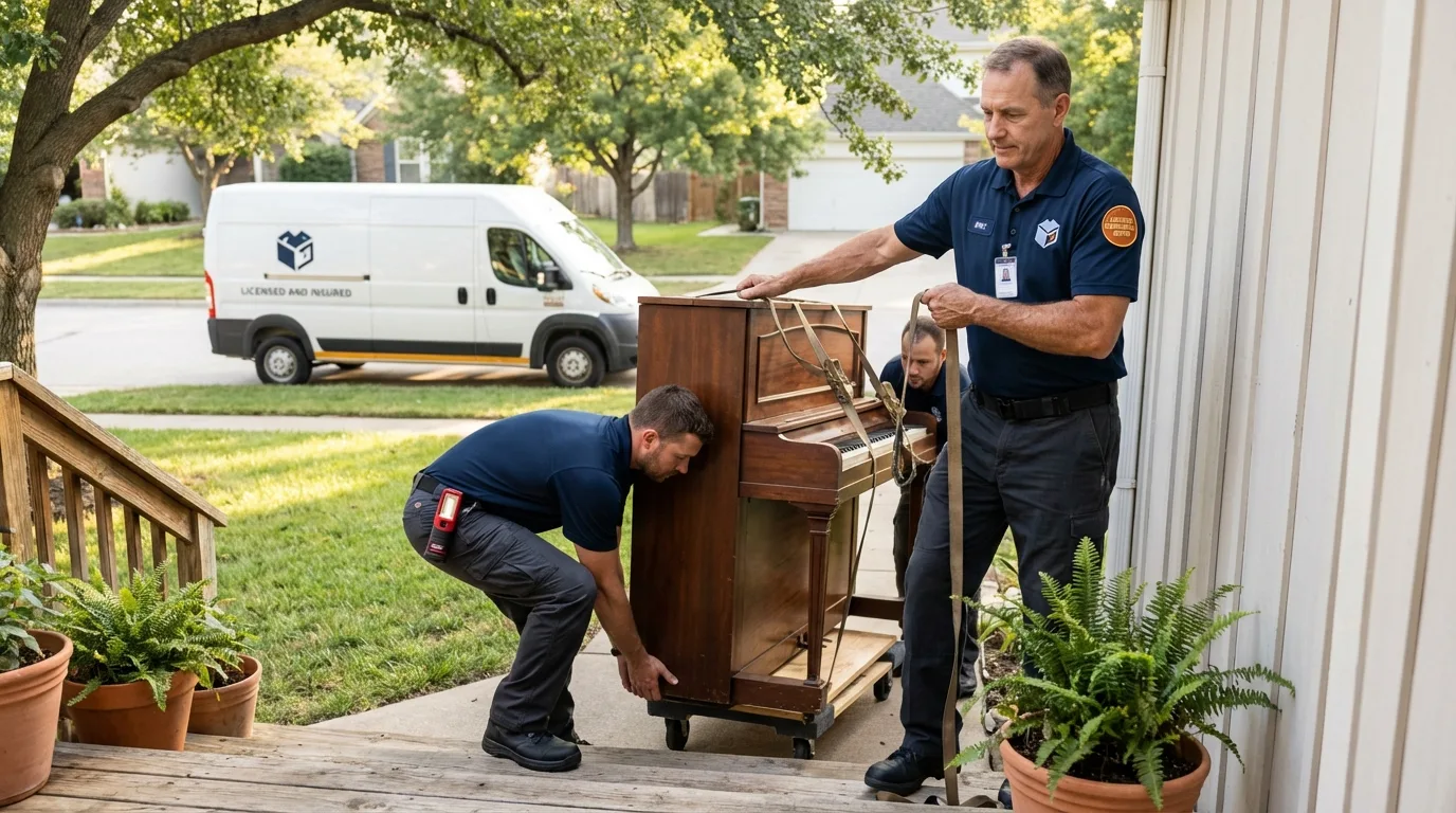 Licensed piano movers securing grand piano in Big Timber, MT